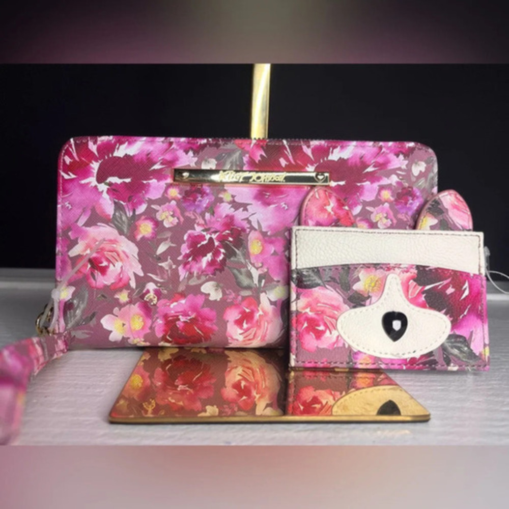 Betsey Johnson Pink Floral Kitsch Dog Wallet & Cardholder Set NWT